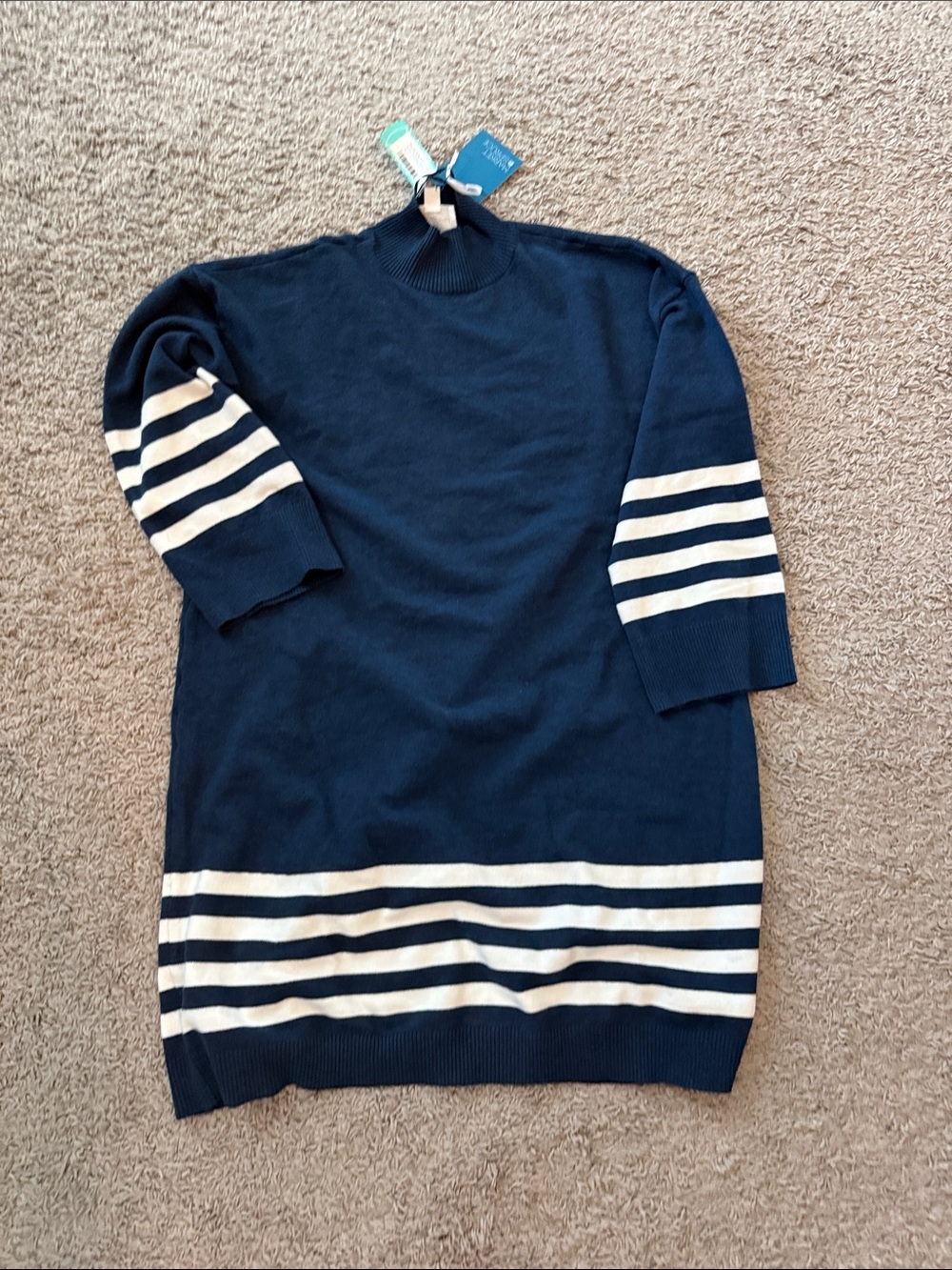 Market & Spruce Navy Turtleneck Dress Sweater with White Stripes